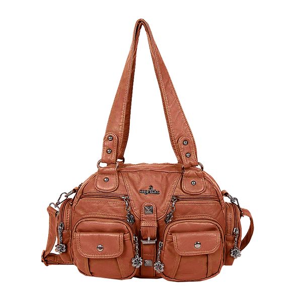 Multi-Pocket Soft Leather Shoulder Bags for Women - Brown