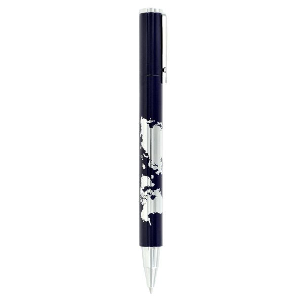 TROIKA Ballpoint Pen: Silver Colour World Map Printed on a Dark Blue Pen