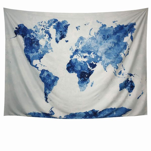Blue Watercolor World Map Tapestry for Home Decor