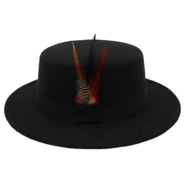 Flat Round Top Fedora Panama Bowler Derby Hat - Black
