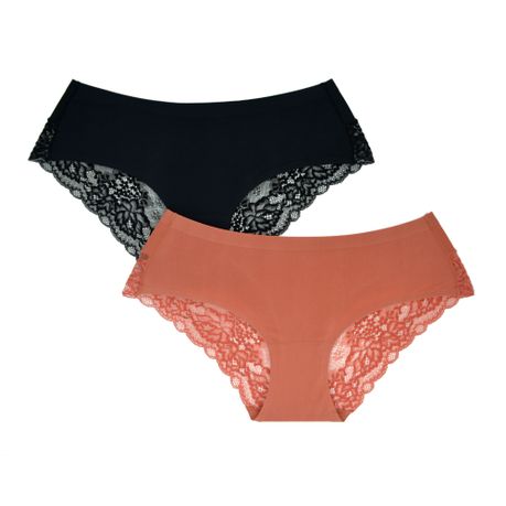 Pack of 2 Amila Silky Seamless Lace Underwear - Black & Coral