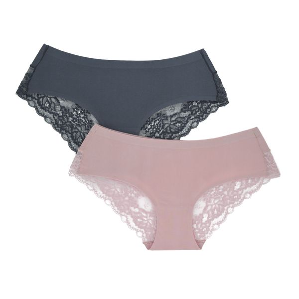 Pack of 2 Amila Silky Seamless Lace Underwear - Grey &amp; Pink