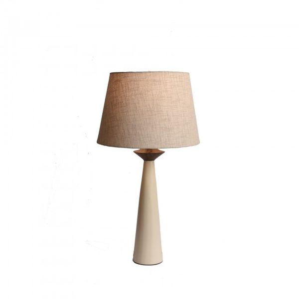 Cream and Medium Oak Stained Wooden Table Lamp with Beige Lamp Shade