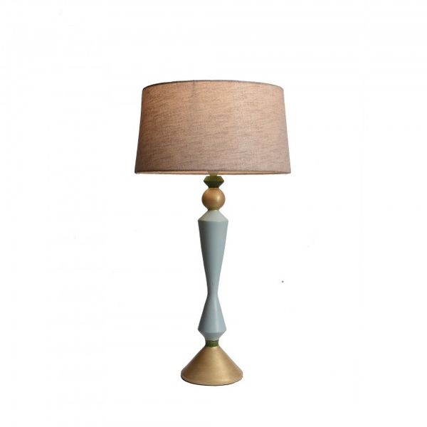 Blue, Green and Gold Wooden Table Lamp with Beige Lamp Shade