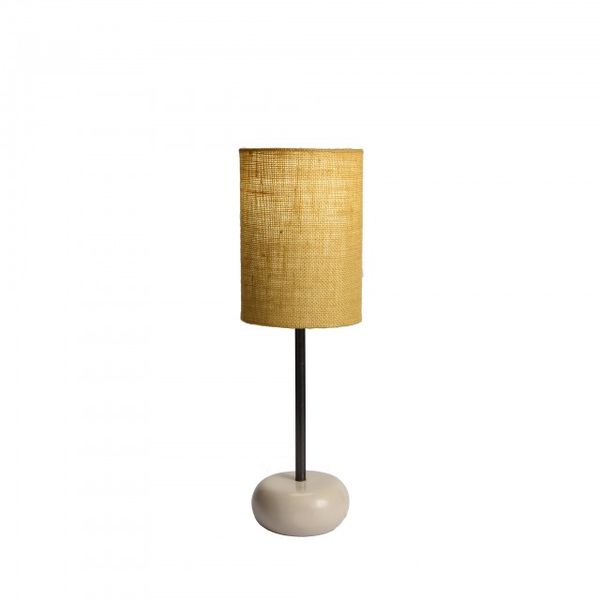 Table Lamp with Pipe, Cream Painted Wooden Base and Yellow Lamp Shade