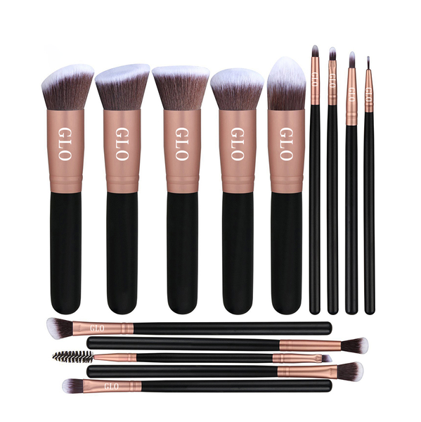 GLO - Makeup Brush Set - 14 Pcs Rose Gold and Matte Black Makeup Brushes