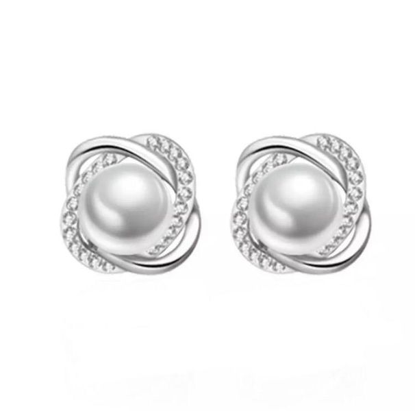 Upscale 925 Sterling Silver Zircon &amp; Pearl Twist Luxury Stud Earrings