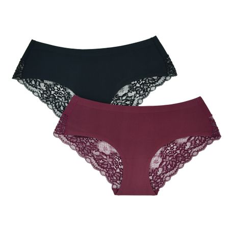 Pack of 2 Amila Silky Seamless Lace Underwear - Black and Maroon
