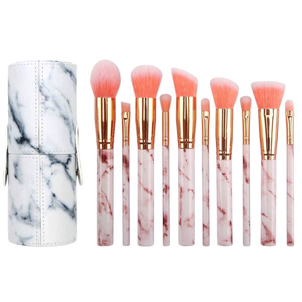 Professional 10 Piece Marble Brush Set &amp; PU Leather Holder - Black