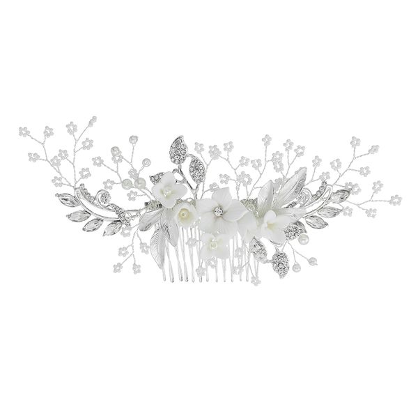 Olive Tree - Ceramic Flower &amp; Beads Hair Comb - Bridal / Formal Event