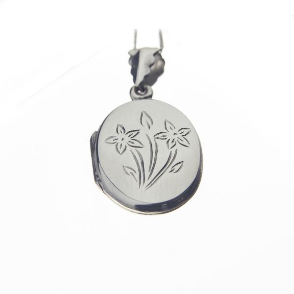 Oval Floral Design Sterling Silver Locket with Chain