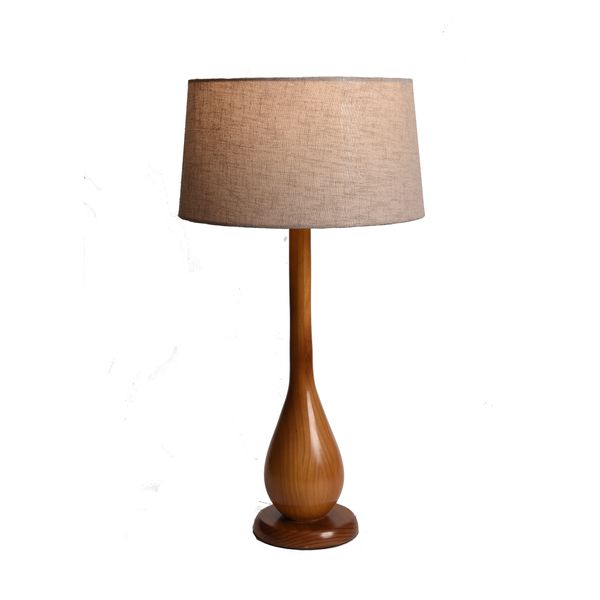 Wooden Table Lamp with Oak Stain &amp; Beige Lamp Shade