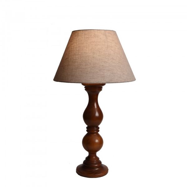 Oak Stained Wooden Table Lamp with Cream Lamp Shade