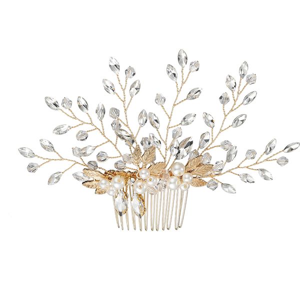 Olive Tree - Crystal &amp; Metal Leaf Styled Hair Comb - Bridal / Formal Event