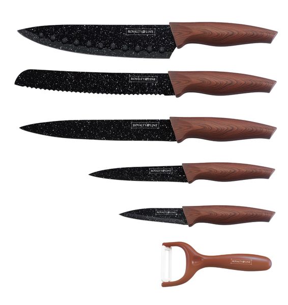 Royalty Line 5-Piece Marble Coating Knife Set + Peeler - Black and Dark Brown