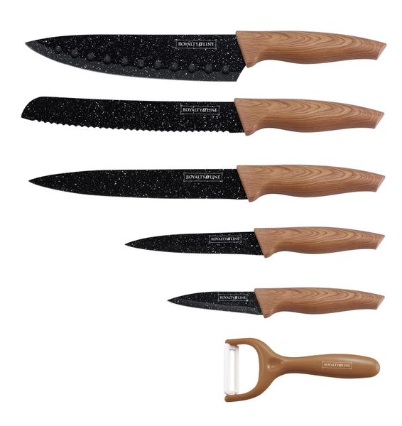 Royalty Line 5-Piece Marble Coating Knife Set + Peeler - Black and Brown