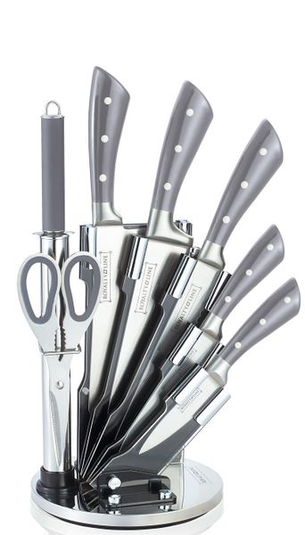 Royalty Line 8-Piece Stainless Steel Knife Set with Rotating Stand - Grey