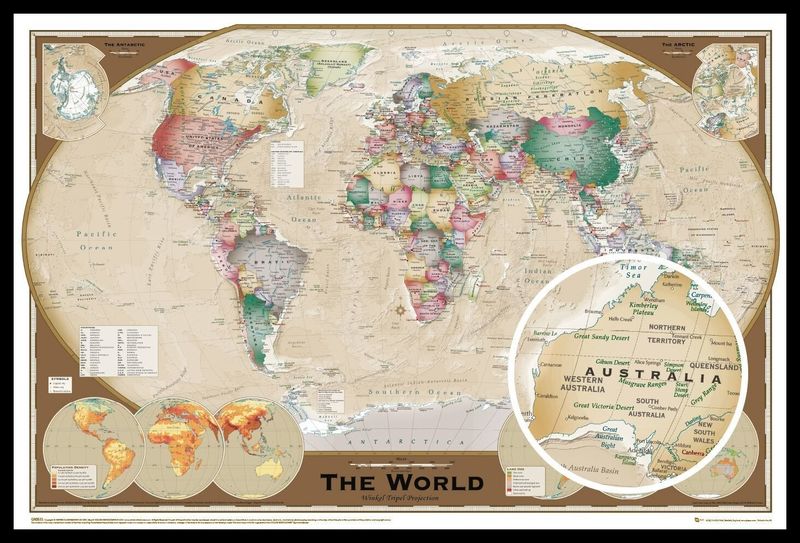 World Map - Tripel Projection Poster with Black Frame