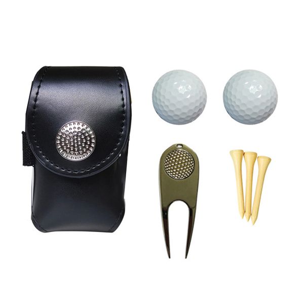 7-in-1 Leather Golf Ball Pouch Mini Golf Waist Bag Accessories Set - Black