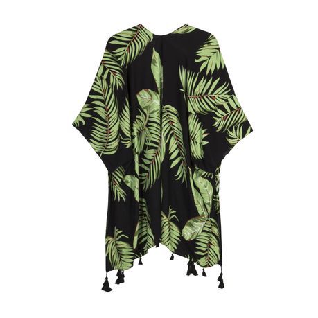 Black And Green Tropical Printed Viscose Kimono Beach Coverup