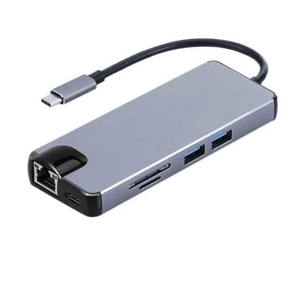 8 in 1 Type-C Hub to 4K HDMI Rj45 Lan VGA Adapter - Grey