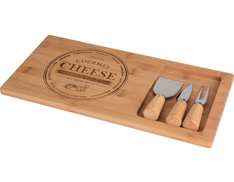 Excellence Homeware Cheese Board Bamboo With 3 Cheese Knives