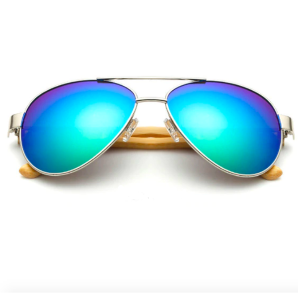 Shweet Shades Blue Aviator Sunglasses with Bamboo Wood Arms