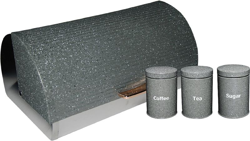 Grey (Dotted) Bread Bin &amp; 3 Piece Canister Set