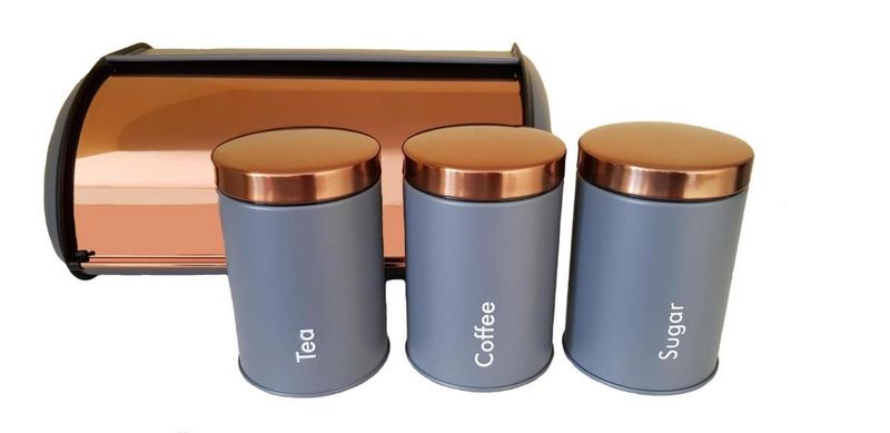 Matte Grey &amp; Rosegold Bread Bin with 3pc Canister (Set)