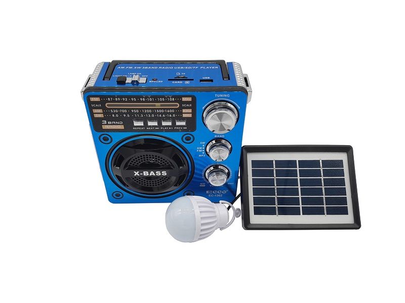 Ecco Blue Portable Solar Radio with Torch &amp; Light - USB/FM/SD &amp; TF Card