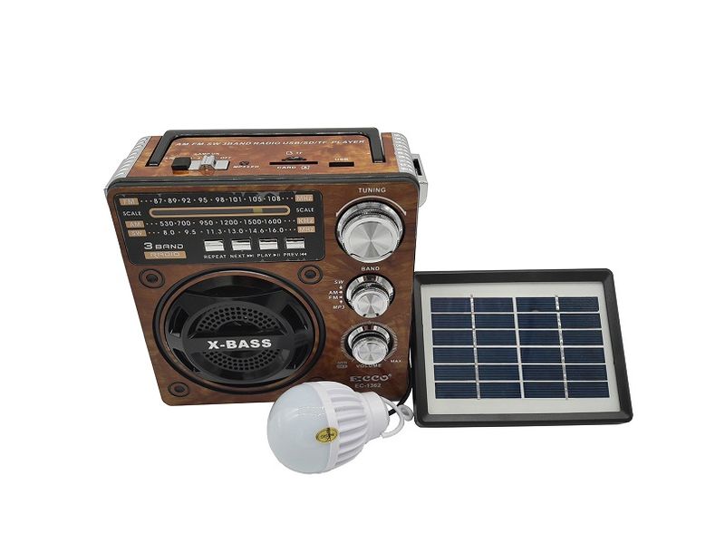 Ecco Wood Portable Solar Radio with Torch &amp; Light USB/FM/SD &amp; TF Card