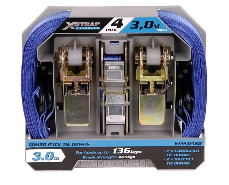 X-Strap 2 Cam Buckles/ 2 Ratchet Tie Downs 3,0m - 136kg b/str 409KG