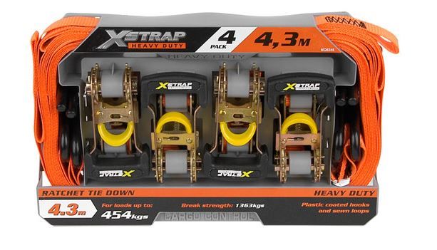 X - Strap Heavy Duty Ratchet Tie Downs - 4.3m - 4 Pack