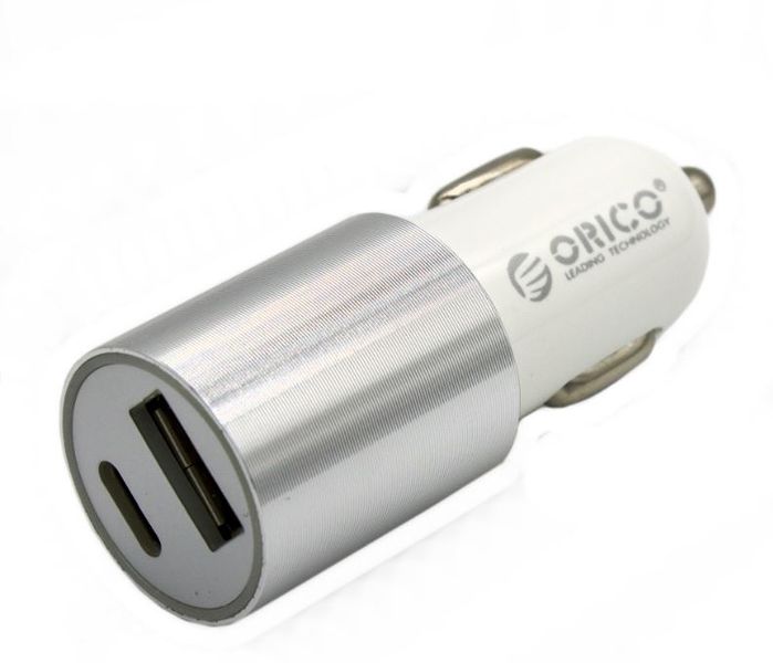 Orico 2 Port Car Charger USB-C &amp; USB 2.4A Fast Charge - Silver/White
