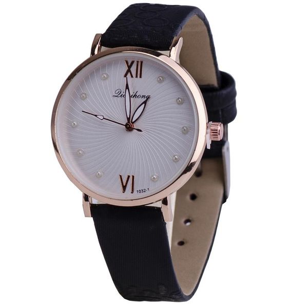 Dainty Round Faced Watch With Black Patterned Ma image