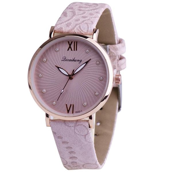 Dainty Round Faced Watch With Pale Pink Patterned Material Like Strap