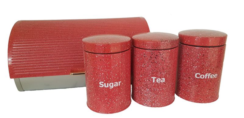 Red (Dotted) Bread Bin &amp; 3 Piece Canister Set