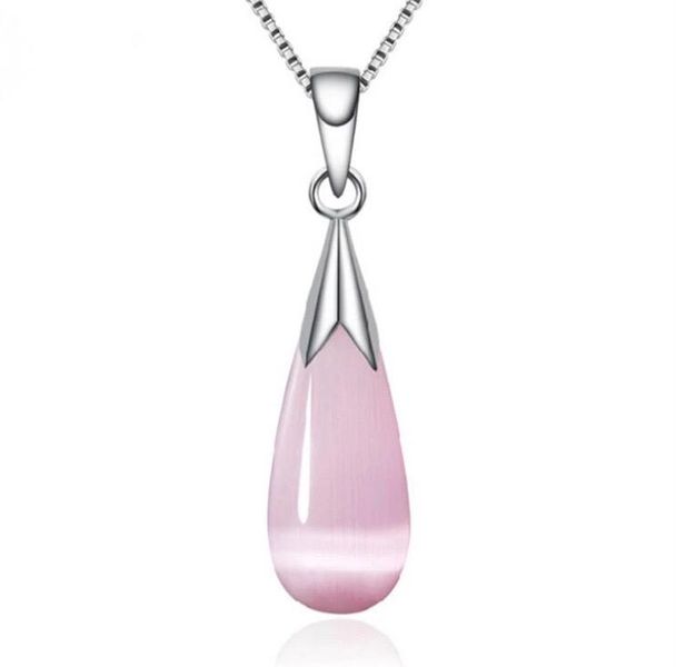 925 Sterling Silver Moonlight Opal Water Droplet Pendant Necklace Pink