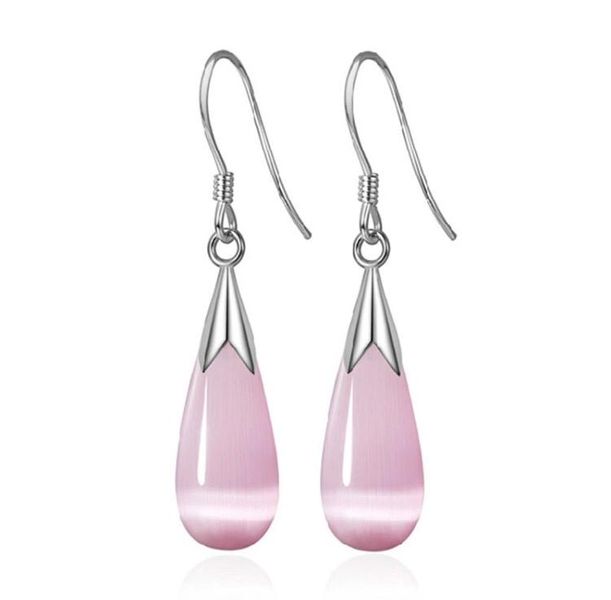 925 Sterling Silver Opal Moonlight Stone Water Drop Earrings Pink