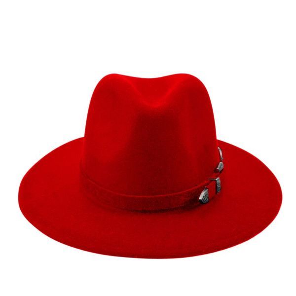 Wide Brim Fedora Panama Hat with Belt Buckle for Men and Women - Red