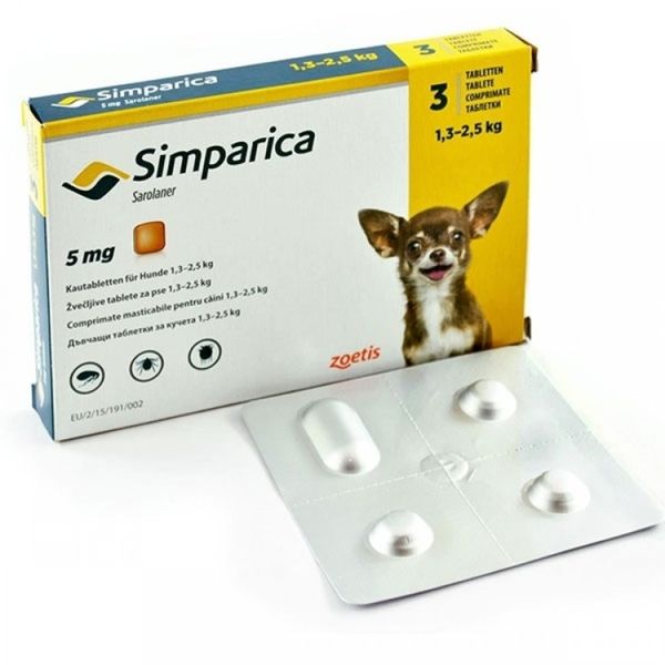 SIMPARICA 5mg Yellow 1.3 - 2.5kg 3 Chewable Tick &amp; Flea Tablets