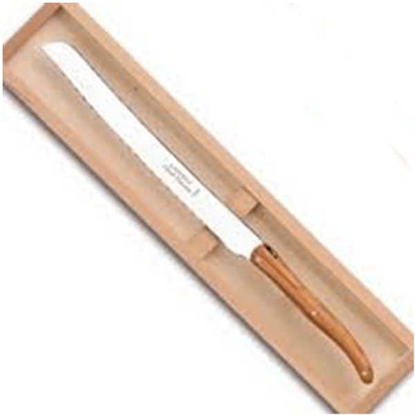 Jean Dubost 1920 Olivewood Handled Bread Knife &amp; wooden box, 20cm