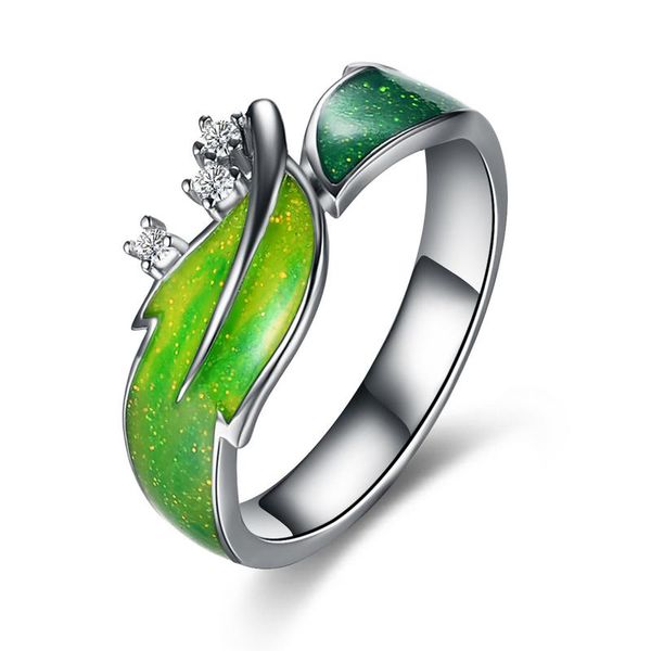 S925 Sterling Silver Leaf Ring Enamel Painted - Size 7