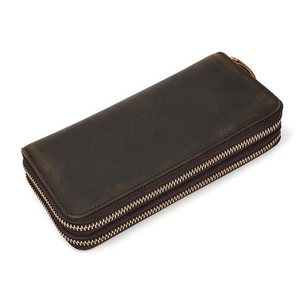 Vintage Crazy Horse Leather Wallet - Double Zipper Clutch