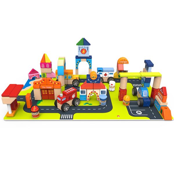TopBright - TopBright Wooden City Building Blocks Play Set &amp; Road Mat 126pc