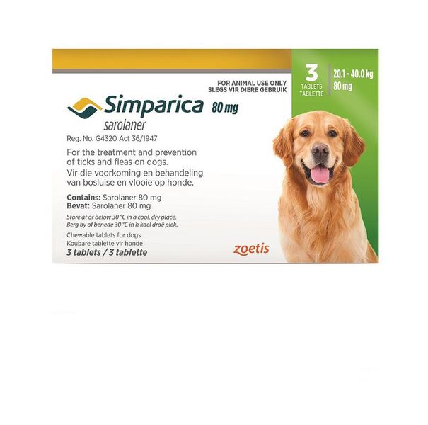 SIMPARICA 80mg Green 20.1-40.0kg 3 Chewable Tick &amp; Flea Tablets