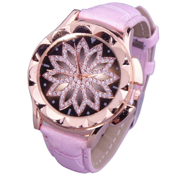 Round Star/Floral Face Rose Gold Watch with Pale Pink Faux Leather strap