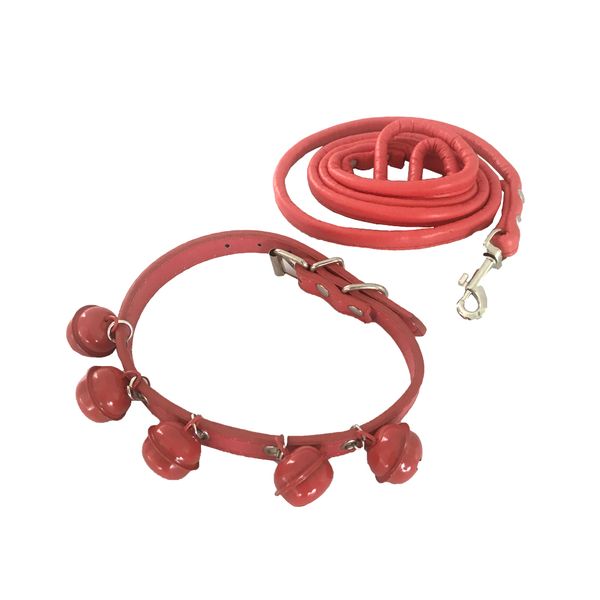 PU Leather Small Dog Cat Collar and Leash with 5 Bells - Red
