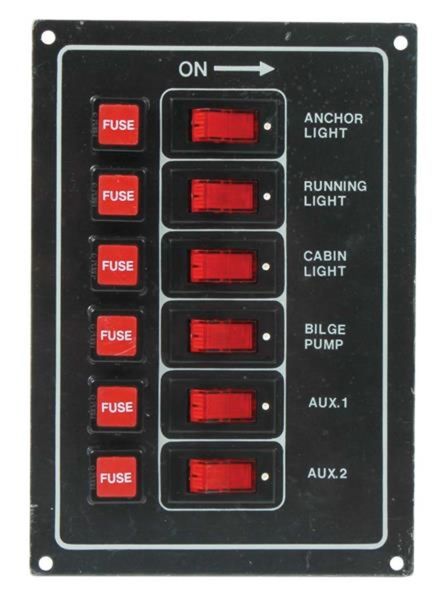 Marine 6 Switch Electrical Panel with Fuses - Black