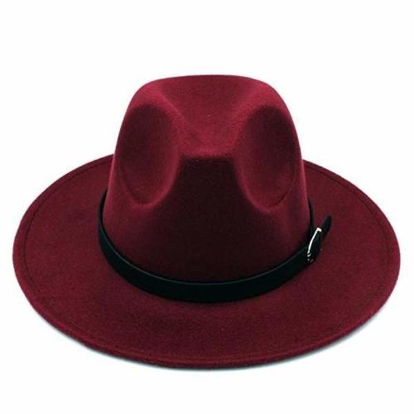 Wide Brim Panama Fedora Hat with Belt Buckle for Men and WomenMaroon
